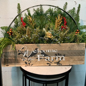 Large Wooden Welcome To The Farm Planter With Metal Handle And Live Greens